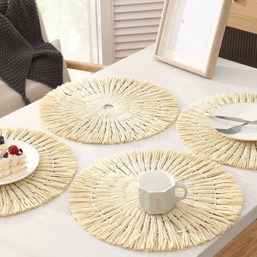 Pastoral straw-look placemat with free-form curves – shown in a room setting (2)