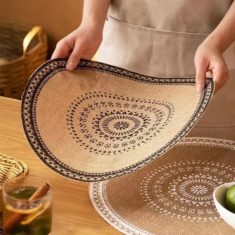 Round handwoven boho jute placemat – shown in use