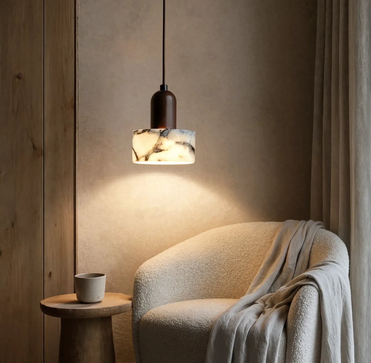 Himère marble and dark wood pendant light – shown in a room setting