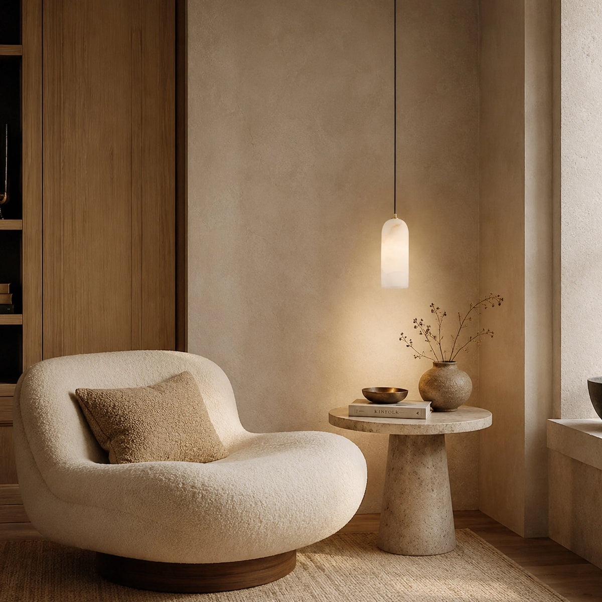 Tarente translucent marble pendant light with brushed brass canopy – shown in a living room