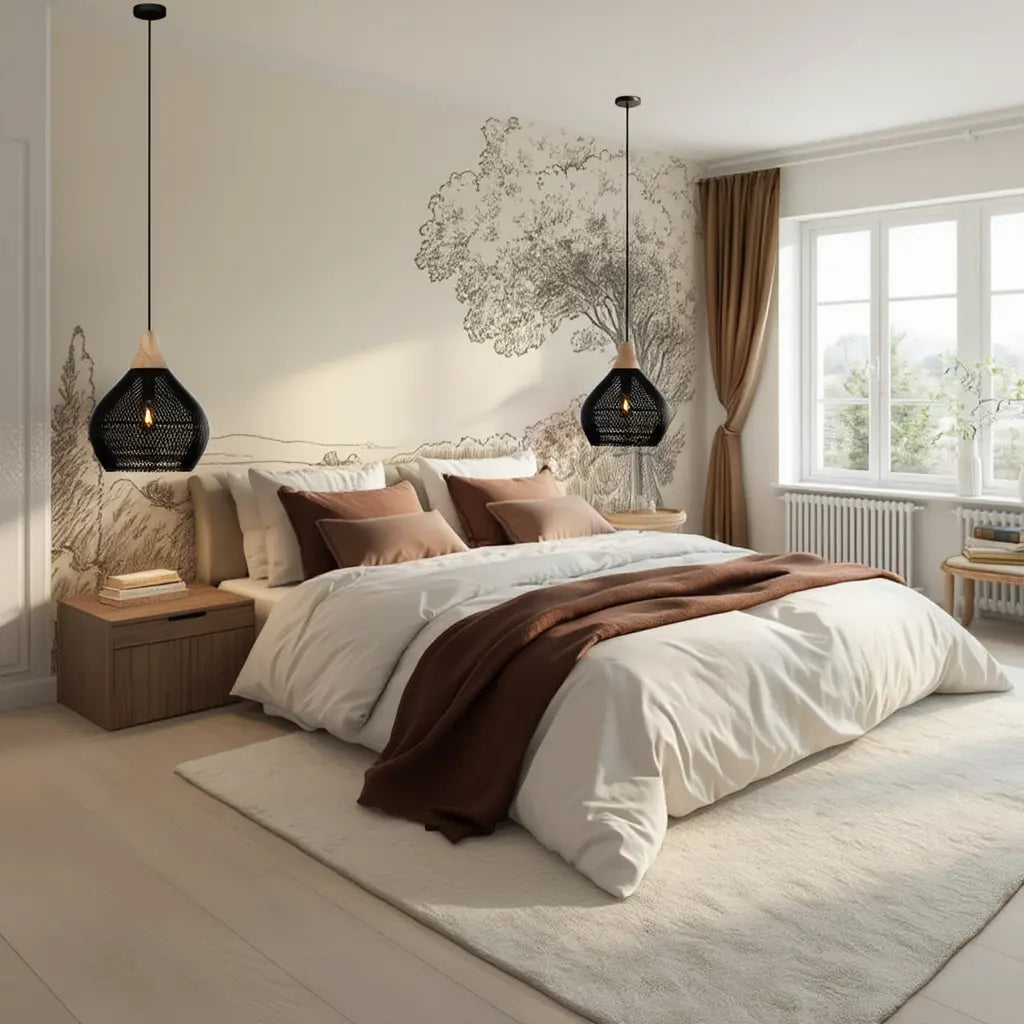 Mistral rattan teardrop pendant light – shown in a bedroom