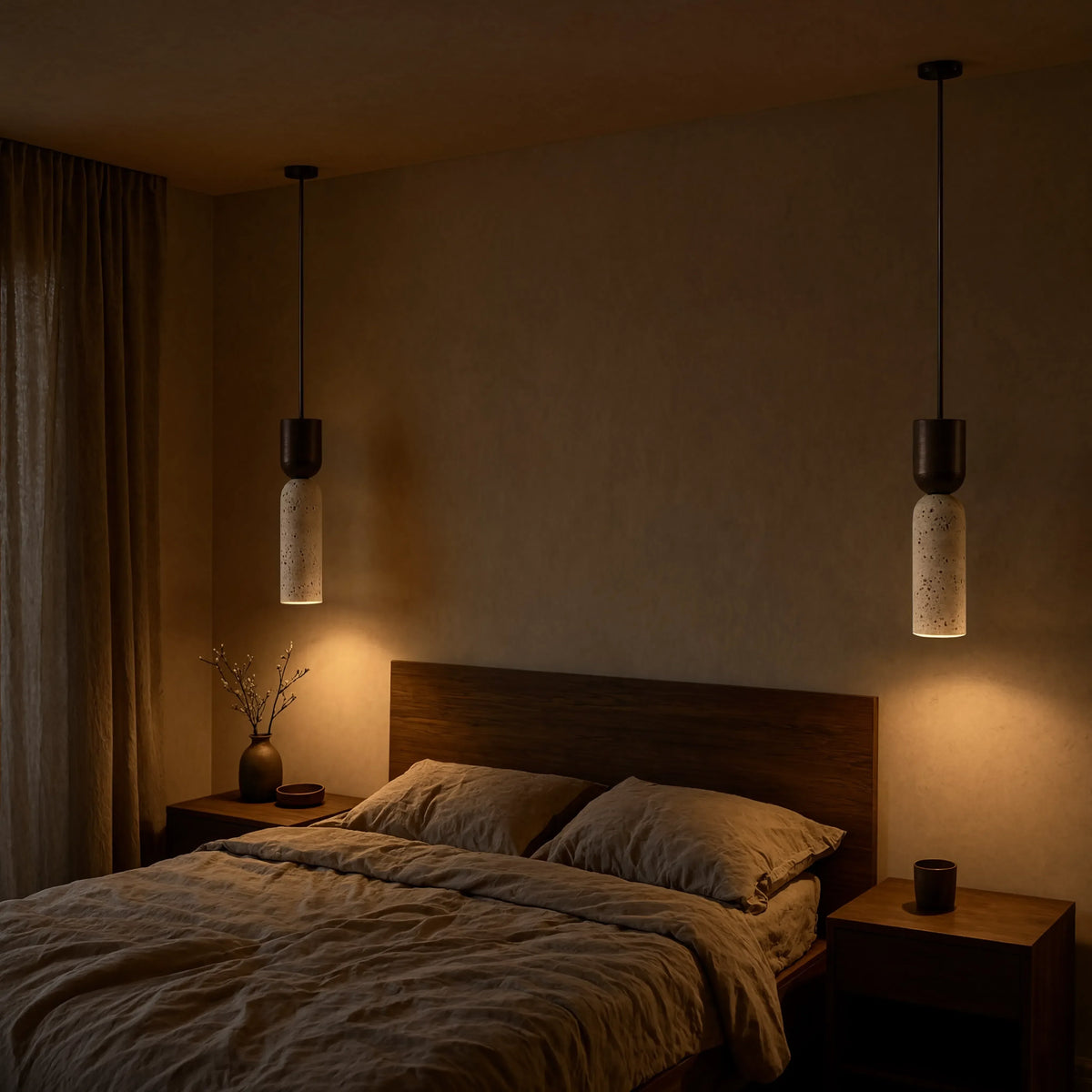 Ségeste narrow travertine and dark wood pendant light – shown in a bedroom