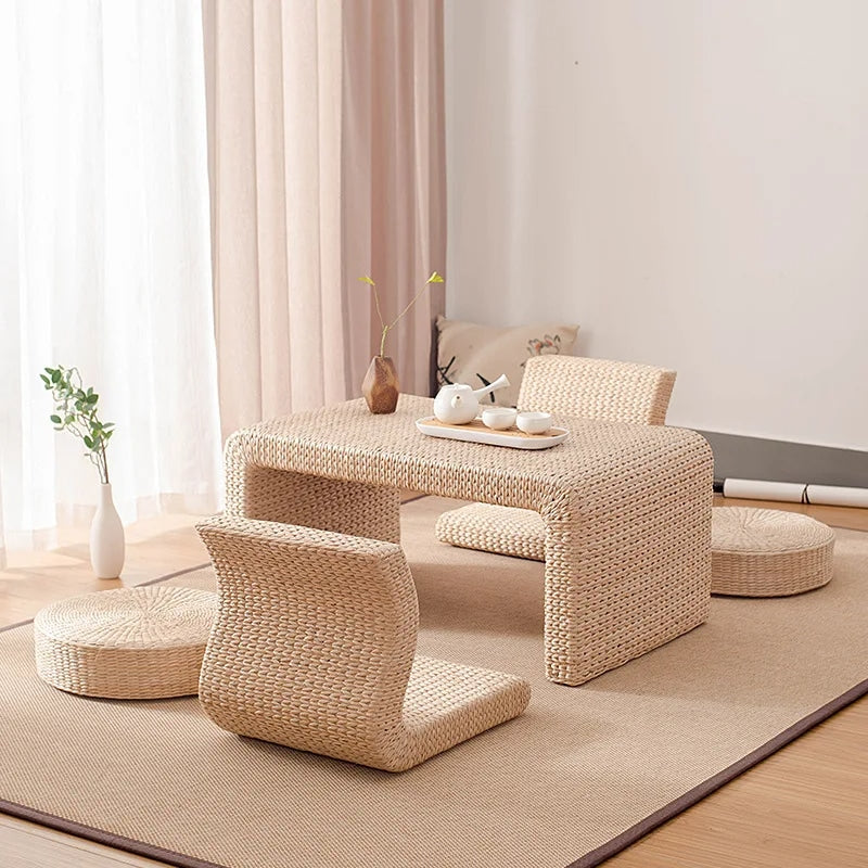 Japanese-style handwoven wicker coffee table with low curves – shown in a room setting (2)