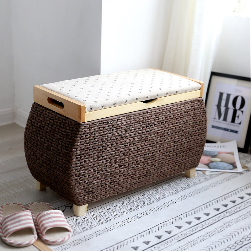 Dark rattan wicker storage stool with a contrasting white lid