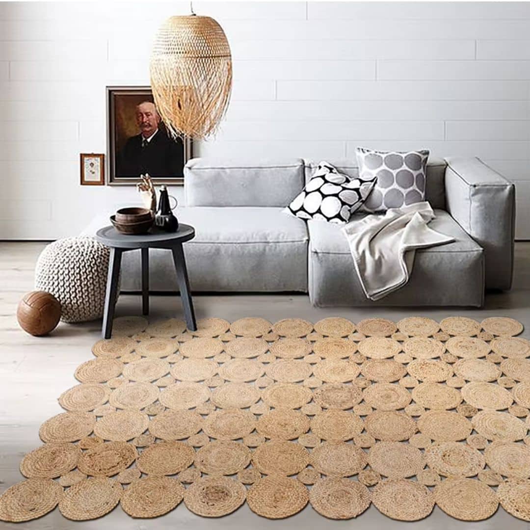 Large undyed natural jute rug with concentric circles – shown in a room setting (2)