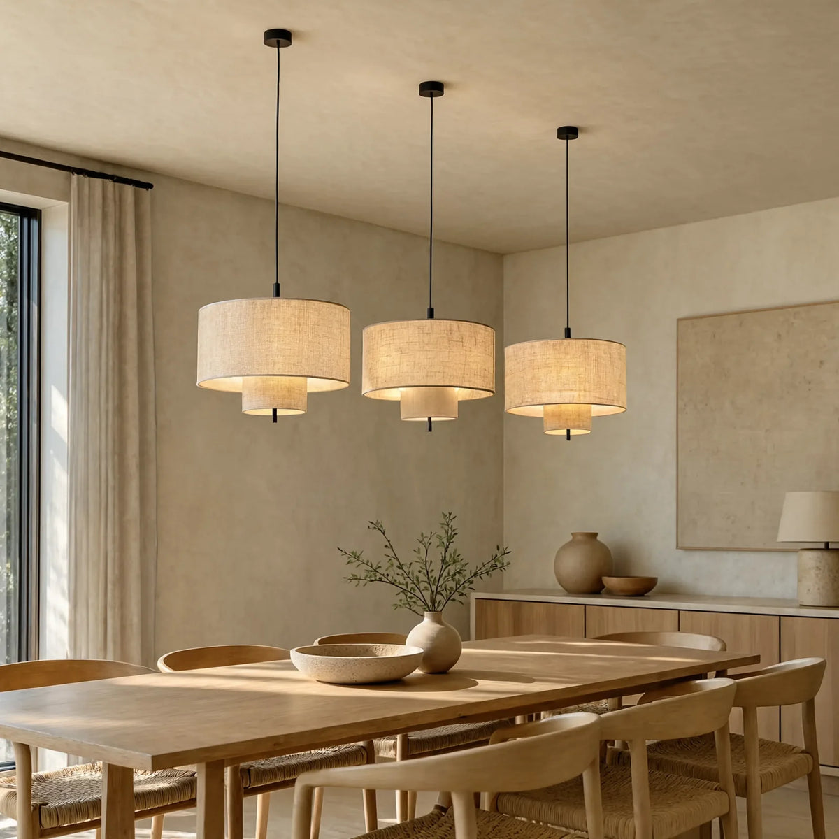 Dining room with three double drum fabric pendants above a wood table