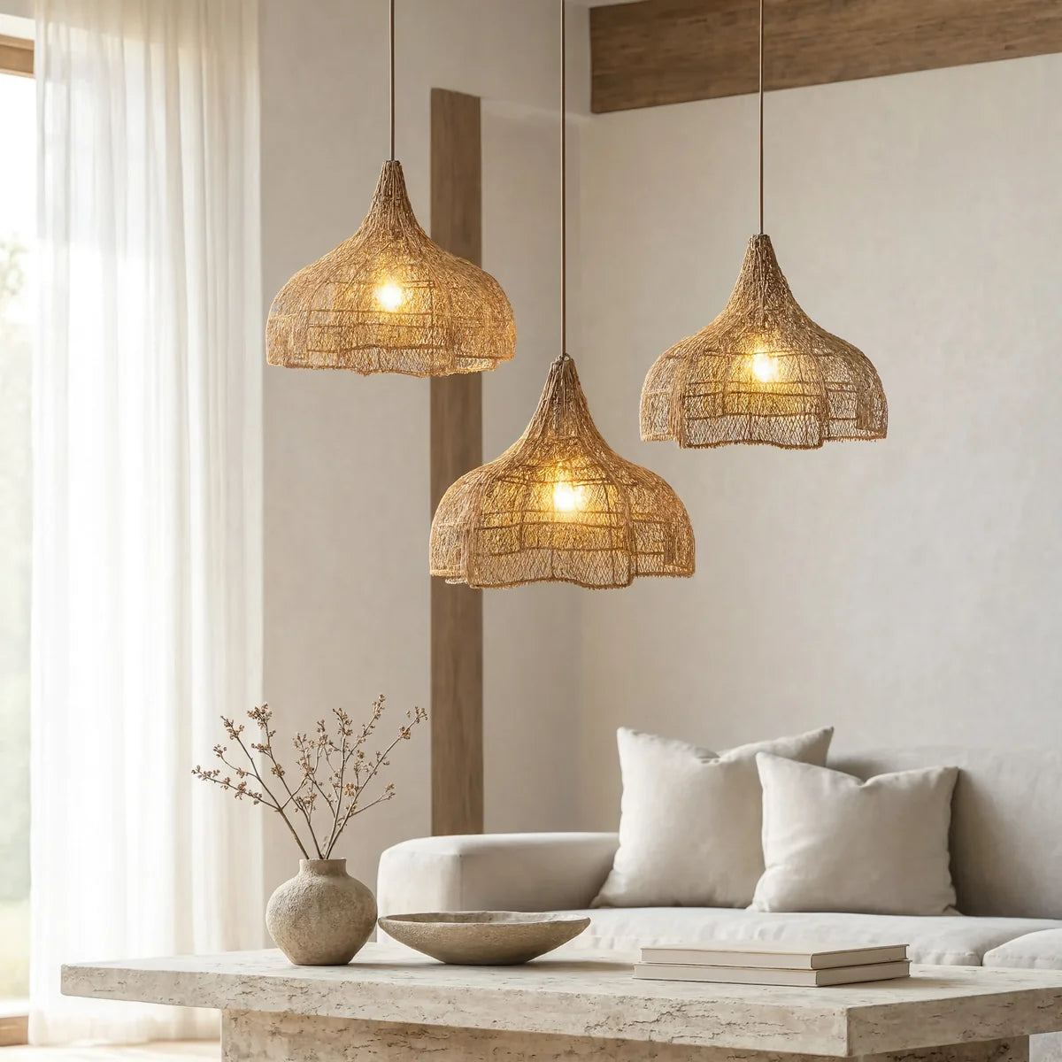 Scalloped rattan pendant lights above a linen sofa