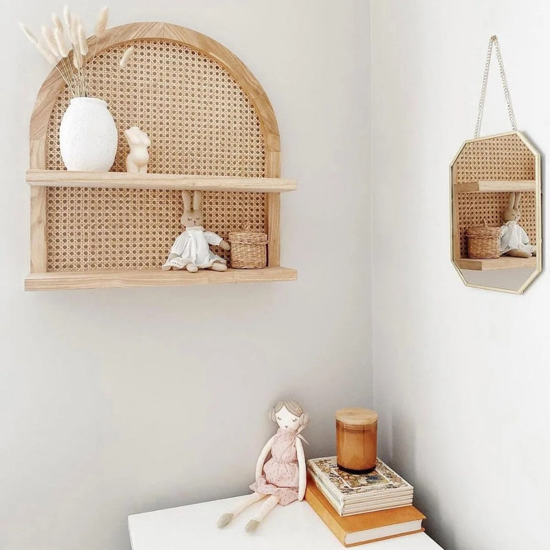 Handwoven rattan and solid wood shelf with a close weave – shown in a room setting