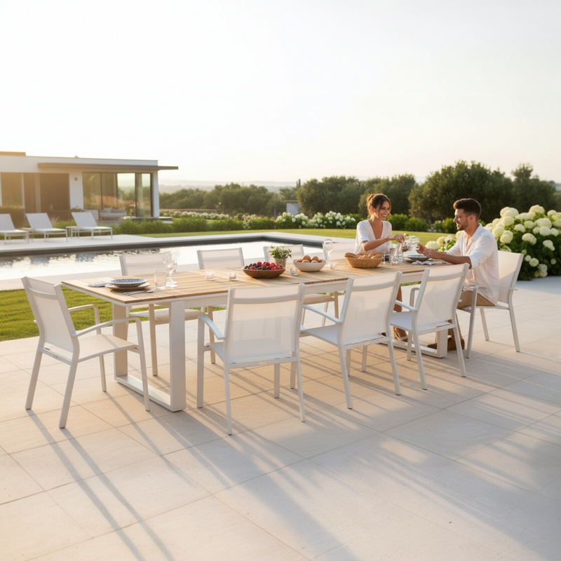 Como extendable aluminum and teak outdoor dining table – shown outdoors